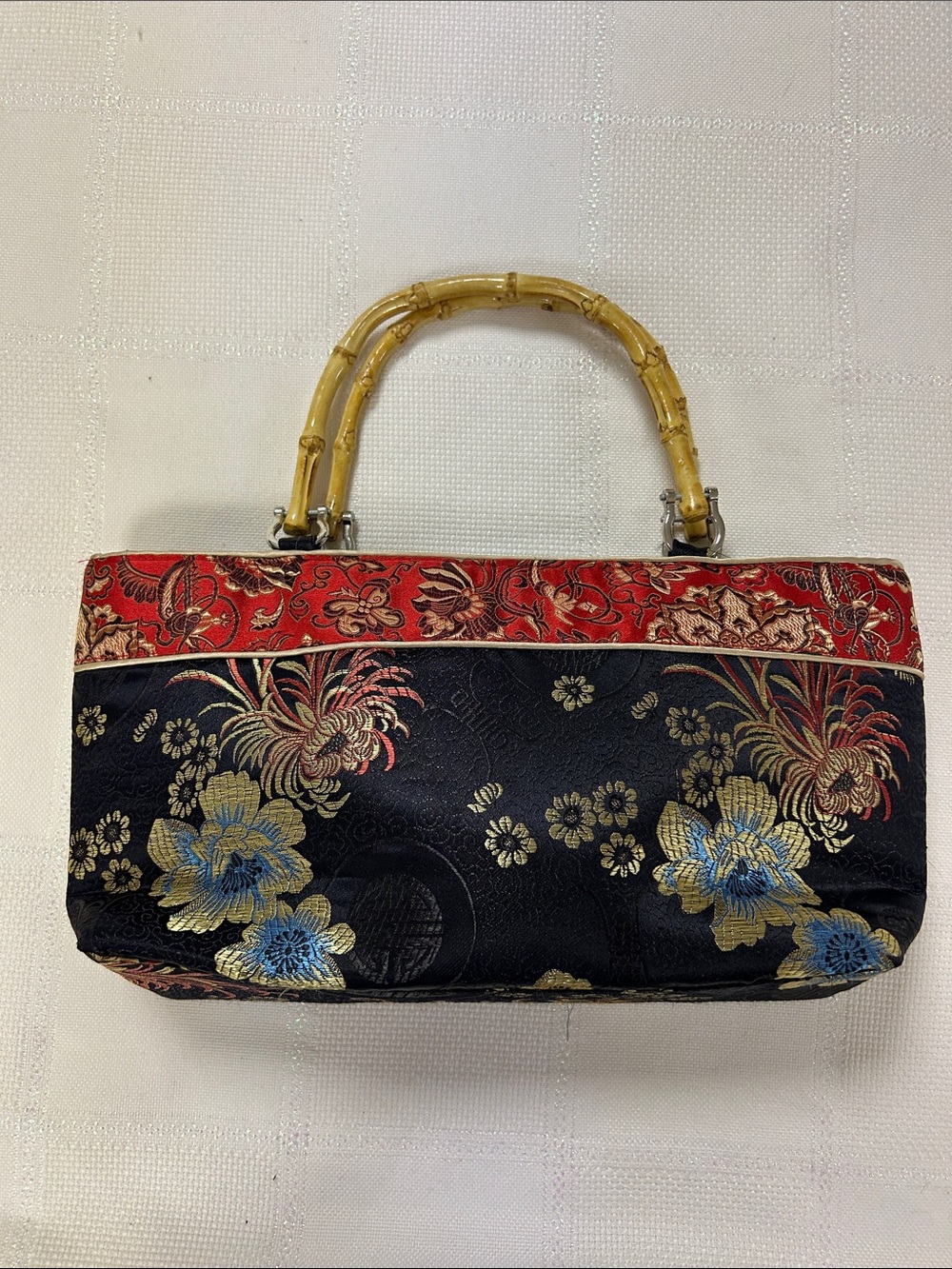 Asian-Inspired Floral Bamboo Handle Handbag in Black and Red